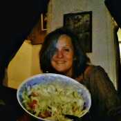 heres another pic of me , a wee bit typsy , an blue hair , showin of a salad before i munch into it
